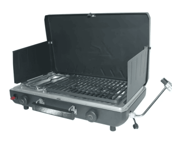 Ozark Trail 2 Burner Black Propane 2-in-1 Portable Camp Stove and Grill, Model GCT2220WB, New