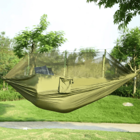 Double Hammock With Maximum Weight Capacity Of 600 Pounds, Equipped With Mosquito Net, Outdoor Hiking Camping Hammock, Portable Nylon Swing Hammo (Color: GREEN)