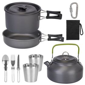 Outdoor Hiking Picnic Camping Cookware Set Picnic Stove Aluminum Pot Pans Kit (Color: GREY, Type: 12 Pcs)