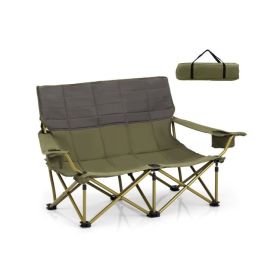 Oversized Camping Chair Folding Loveseat Camping Couch with Cup Holders & Thick Padding (Color: GREEN)