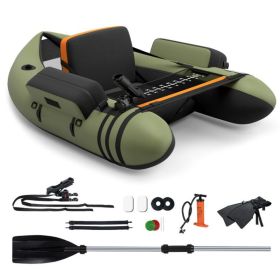 Inflatable Fishing Float Tube with Pump Storage Pockets and Fish Ruler (Color: GREEN)
